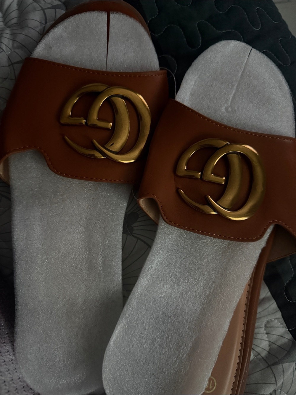 Leather Slide Sandals with Gold Accent - Brown